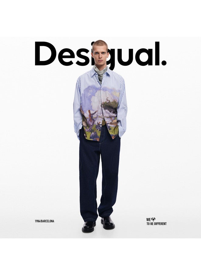 DESIGUAL men's Striped Shirt With Landscape Oil Painting Print - Ss25 New Arrival - Image 4