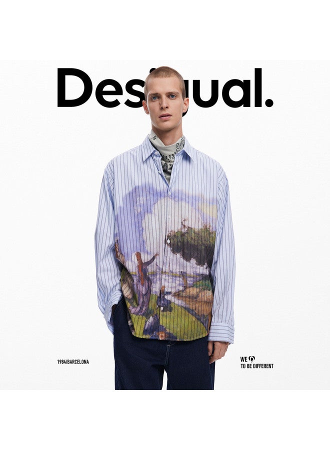 DESIGUAL men's Striped Shirt With Landscape Oil Painting Print - Ss25 New Arrival - Image 3