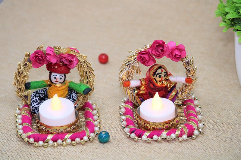 JH Gallery Handmade Recycled Material Rajasthani Dolls Puppet Jharokha Tealight Candle Holder, Multicolor (1 Pair), Recycled Material - Image 2