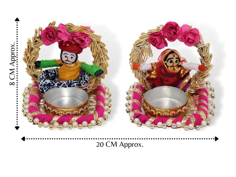 JH Gallery Handmade Recycled Material Rajasthani Dolls Puppet Jharokha Tealight Candle Holder, Multicolor (1 Pair), Recycled Material - Image 3
