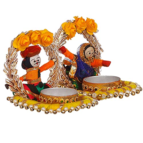 JH Gallery Handmade Recycled Material Rajasthani Dolls Puppet Jharokha Tealight Candle Holder, Multicolor (1 Pair), Recycled Material - Image 5