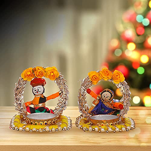 JH Gallery Handmade Recycled Material Rajasthani Dolls Puppet Jharokha Tealight Candle Holder, Multicolor (1 Pair), Recycled Material - Image 1