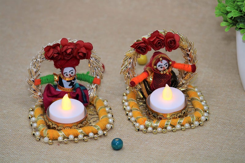 JH Gallery Handmade Recycled Material Rajasthani Dolls Puppet Jharokha Tealight Candle Holder, Multicolor (1 Pair), Recycled Material - Image 4