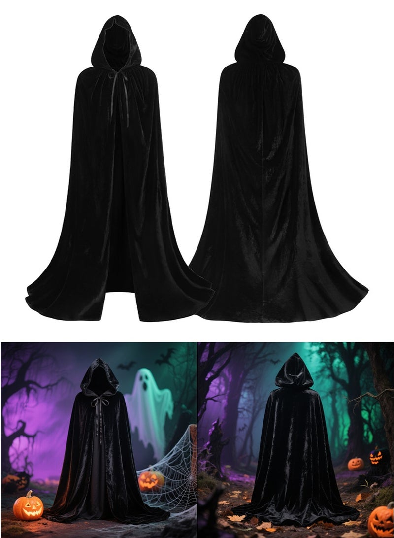 TAPIT 180cm All Black Velvet Hooded Cloak for Adults, Death Reaper Wizard Role Playing Cloak, Ghost Festival Personalized Horror Dress Up Prop Cloak, Halloween Ball Party Cosplay Costume for Men and Women - Image 1