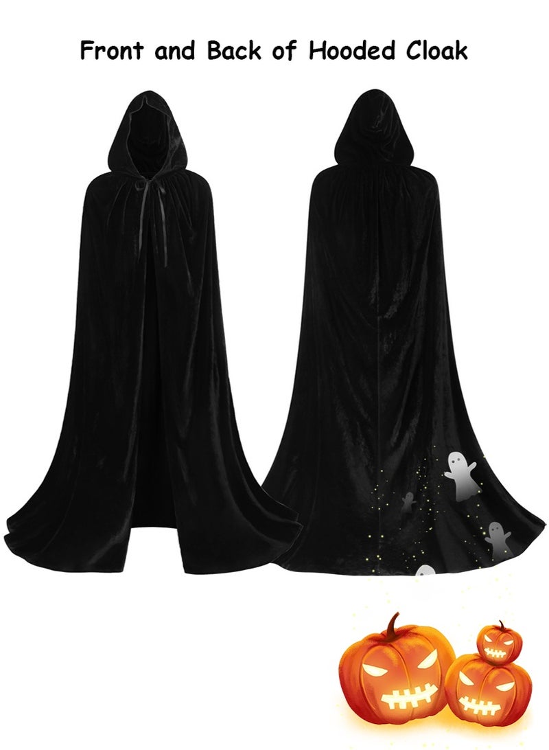 TAPIT 180cm All Black Velvet Hooded Cloak for Adults, Death Reaper Wizard Role Playing Cloak, Ghost Festival Personalized Horror Dress Up Prop Cloak, Halloween Ball Party Cosplay Costume for Men and Women - Image 3