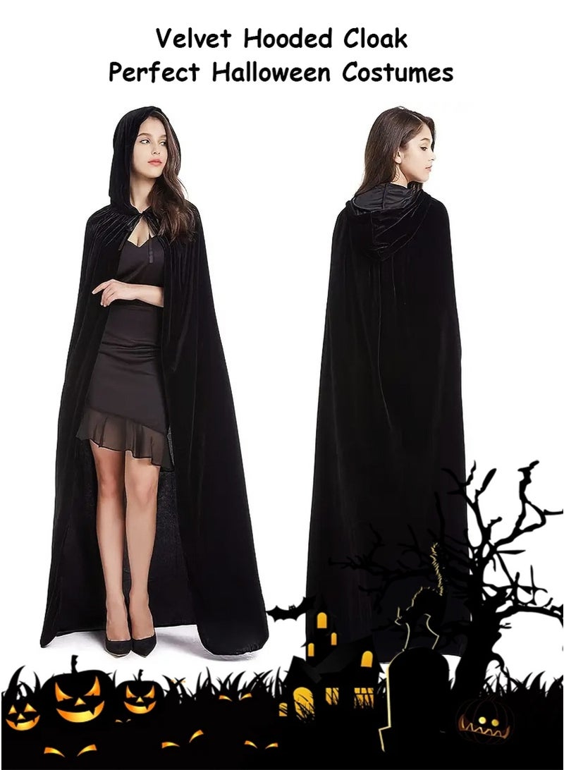 TAPIT 180cm All Black Velvet Hooded Cloak for Adults, Death Reaper Wizard Role Playing Cloak, Ghost Festival Personalized Horror Dress Up Prop Cloak, Halloween Ball Party Cosplay Costume for Men and Women - Image 2
