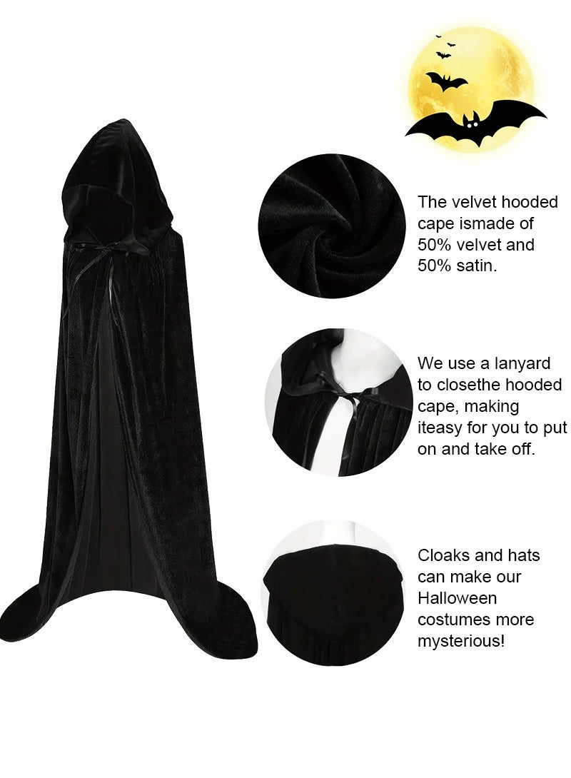 TAPIT 180cm All Black Velvet Hooded Cloak for Adults, Death Reaper Wizard Role Playing Cloak, Ghost Festival Personalized Horror Dress Up Prop Cloak, Halloween Ball Party Cosplay Costume for Men and Women - Image 4