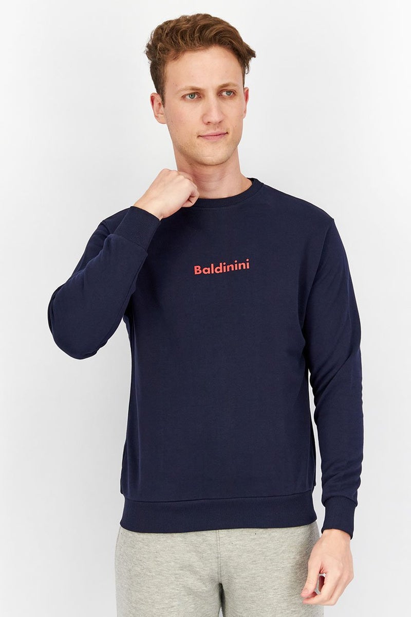 Baldinini Men Crew Neck Brand Logo Long Sleeves Sweatshirt, Navy Blue - Image 1