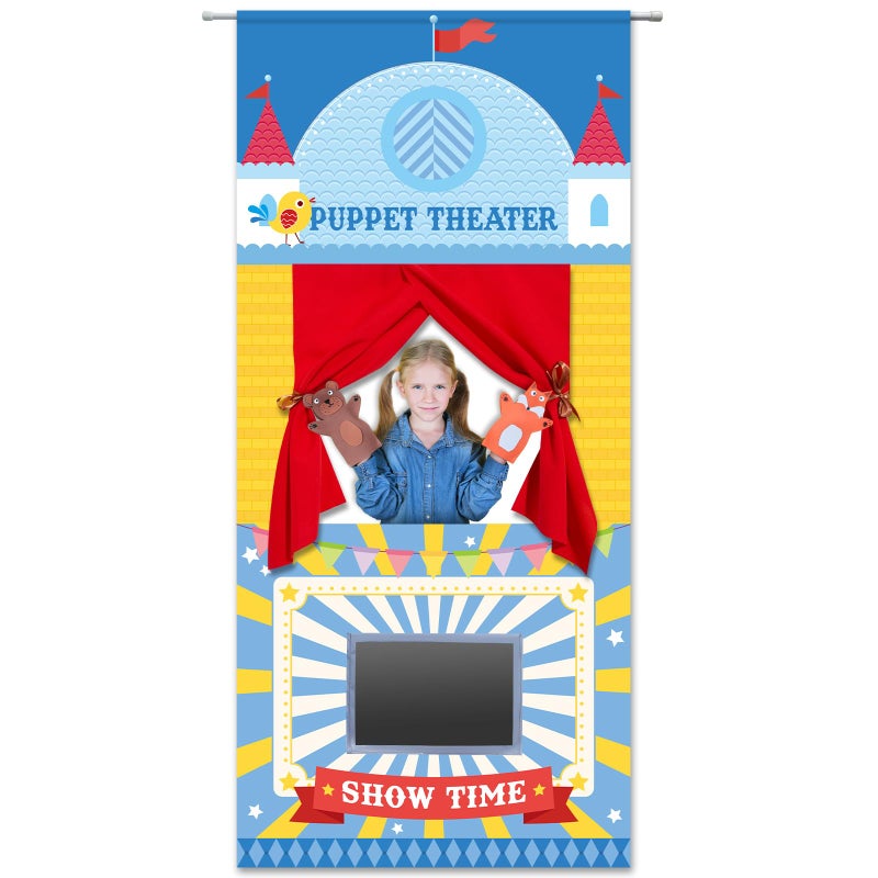 gisgfim Doorway Puppet Theater with 2 Adjustable Rods 31x67 In Blue Red Foldable Hanging Puppet Show Theater for Kids Pretend Play Hand Puppets Educational Kids Activities Toys Easy to Set Up Put Away - Image 3