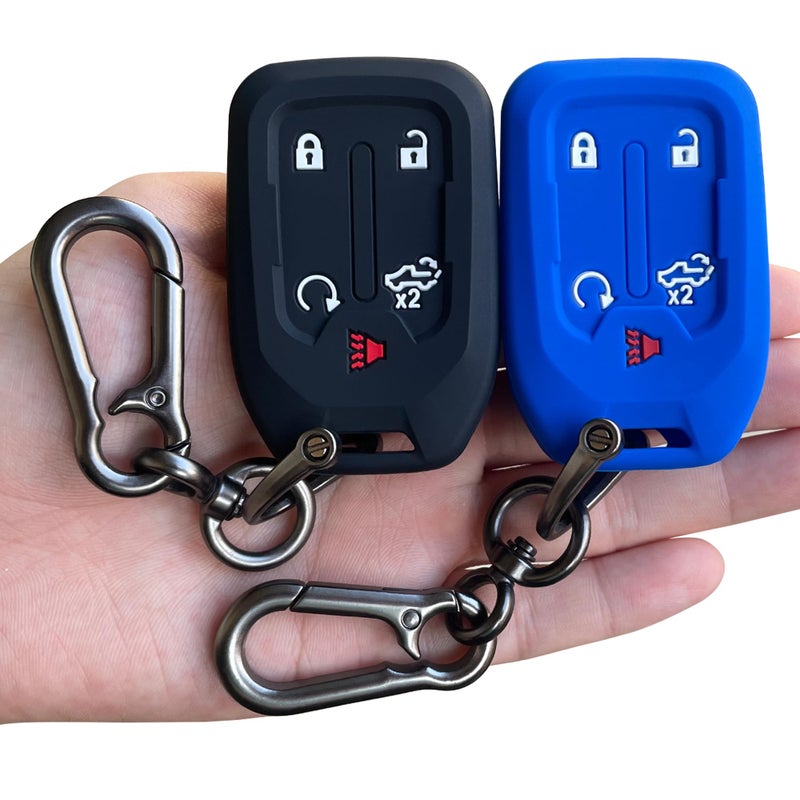 TANDRIVE 2PCS Silicone Smart Key Fob Case Cover Protector with Metal Key Chain for 2019-2021 Chevy Silverado and GMC Sierra 1500 2500HD 3500HD, Remote Accessories Holder(5-Button,Black and Blue)