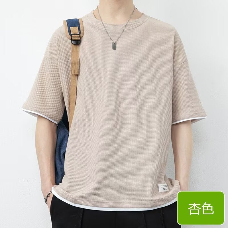 Summer Waffle Short-Sleeve T-Shirt Loose Trendy Fashion Brand Men'S Base Shirt - Image 1