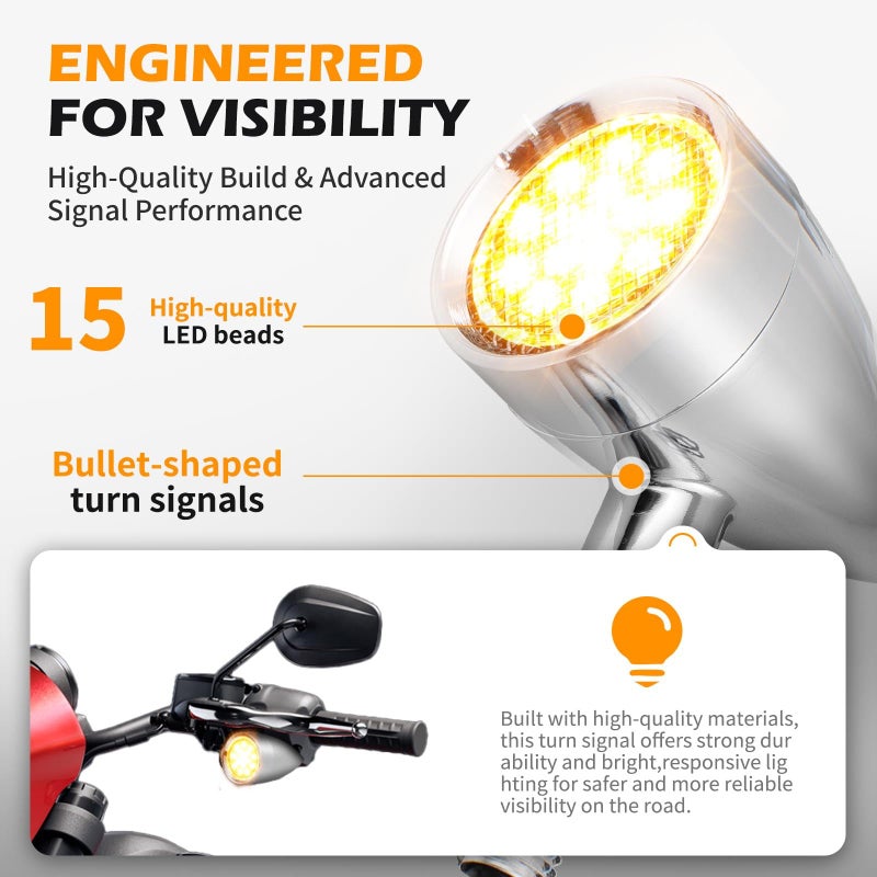 Rich Choices 2pcs Chrome 15 LED Motorcycle Stop Brake Running Turn Signal Indicator Amber Lights For Harley Honda Chopper (Chrome with net-Amber Light) - Image 5