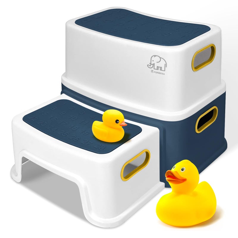 Forbena Toddler Step Stool for Bathroom Sink Two Step Stool for Kids Toilet Potty Training Toddlers Baby Child Kid Plastic Poop Stools with Handles for Kitchen Counter Bed Navy BlueYellow