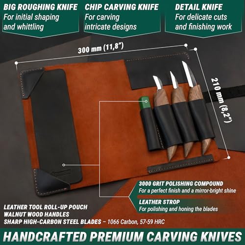 BeaverCraft Deluxe S15X Wood Carving Whittling Knives Set with Leather Case - Whittling Kit Premium Wood Carving Tools with Leather Strop and Polishing Compound - Chip Carving Knives Set - Image 4