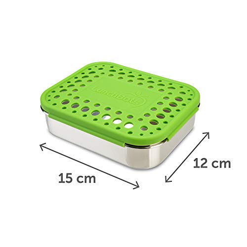 LunchBots Medium Trio II Snack Container - Divided Stainless Steel Food Container - Three Sections for Snacks On the Go - Eco-Friendly, Dishwasher Safe, BPA-Free - Stainless Lid - Green Dots - Image 2