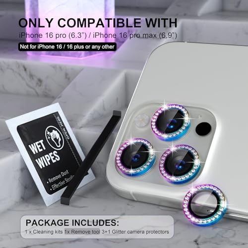 Choiche Compatible for iPhone 16 Pro/iPhone 16 Pro Max Camera Lens Protector Bling, 9H Tempered Glass Camera Cover Screen Protector Metal Ring Decoration Accessories (Diamond-Colorful) - Image 2