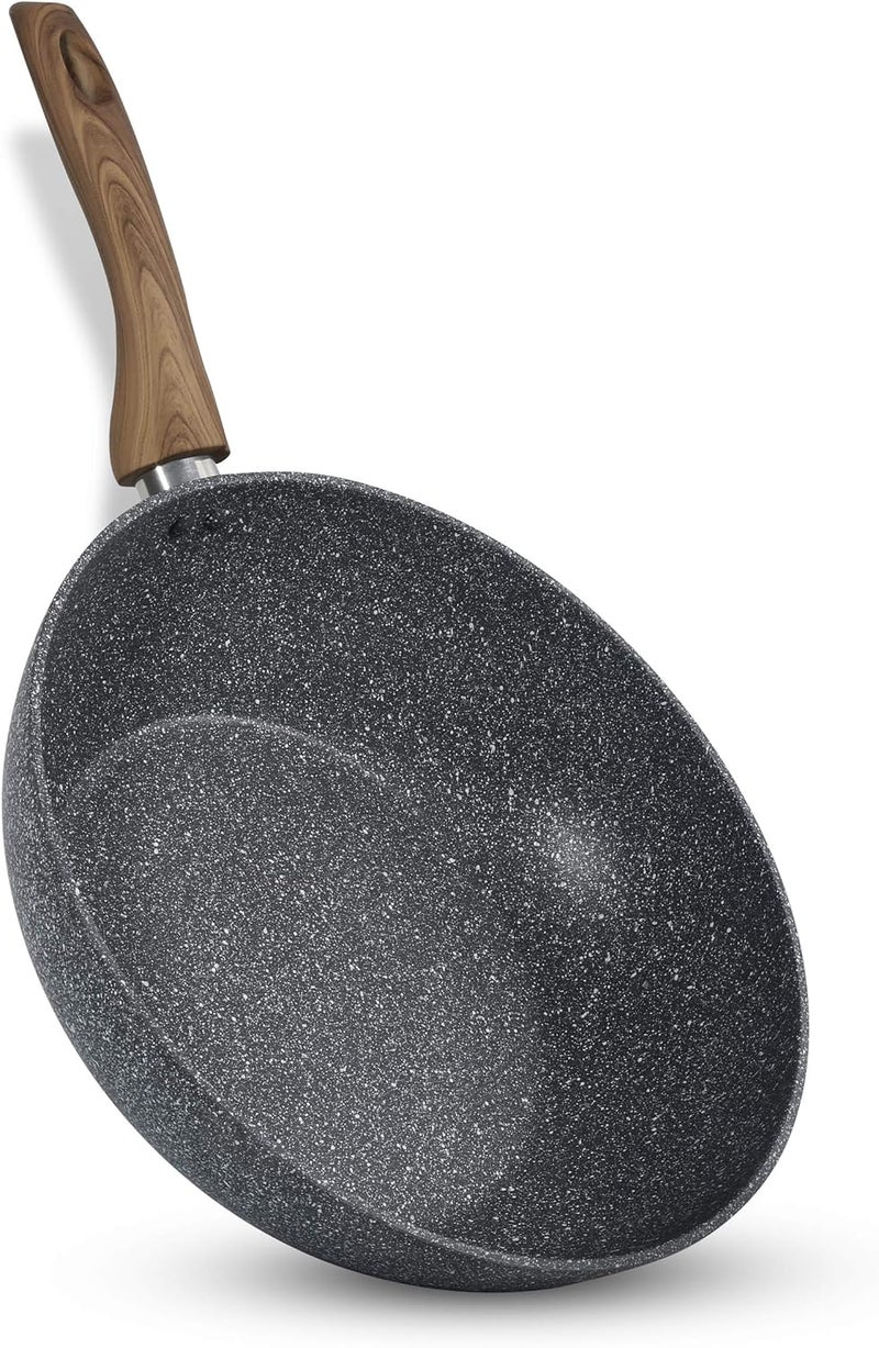 Homeway - 28cm 5 Layer Non-stick Marble Coated Wok Pan with 3mm Thickness, Forged Construction, Soft Touch Wooden Handle, Induction Friendly, Grey - HW3417 - Image 2
