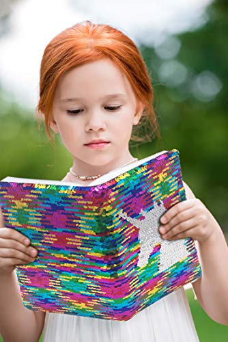 GINMLYDA Sequin Girls Journal for Kids, 8.5x5.5 Inches 160 Lined Pages Diary for Girls Unicorn Reversible Flip Sequence Notebook for Teenage Pre School Writing Drawing Travel Gifts(Rainbow-Sliver) - Image 3