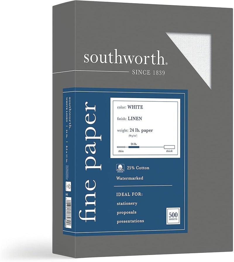 HON Southworth 25% Cotton Business Paper, 8.5 x 11", 24 lb/90 gsm, Linen Finish, White, 500 Sheets - Packaging May Vary (554C) - Image 2