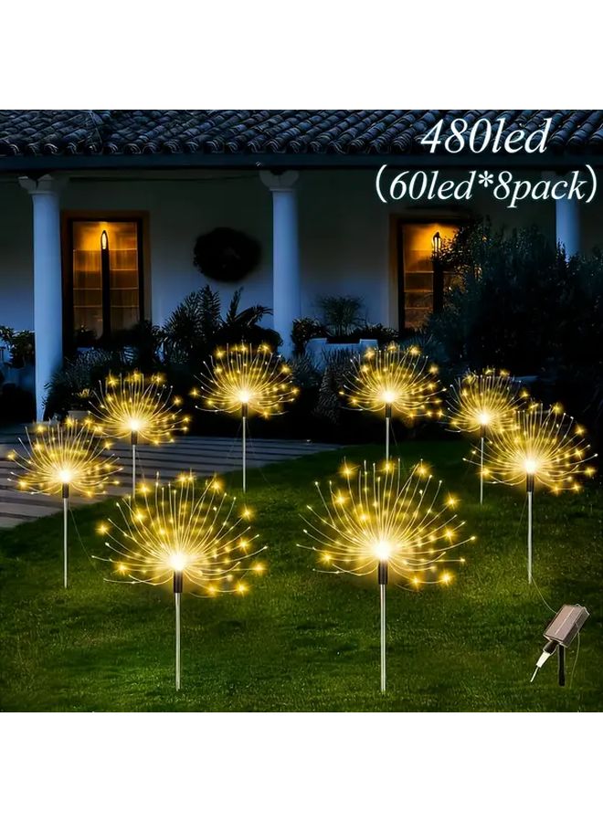 8 قطع أضواء حديقة شمسية على شكل ألعاب نارية 480 مصباح LED انفجار نجمي ديكور خارجي أبيض دافئ - Image 1