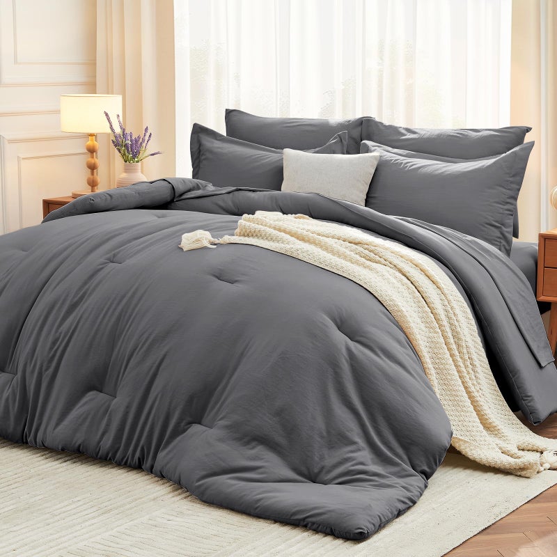 MUXHOMO 7 Pieces Queen Comforter Set Soft Bed in a Bag Queen Size All Season Bedding Set with Comforter Flat Sheet Fitted Sheet Pillowcases Shams Dark Grey - Image 2