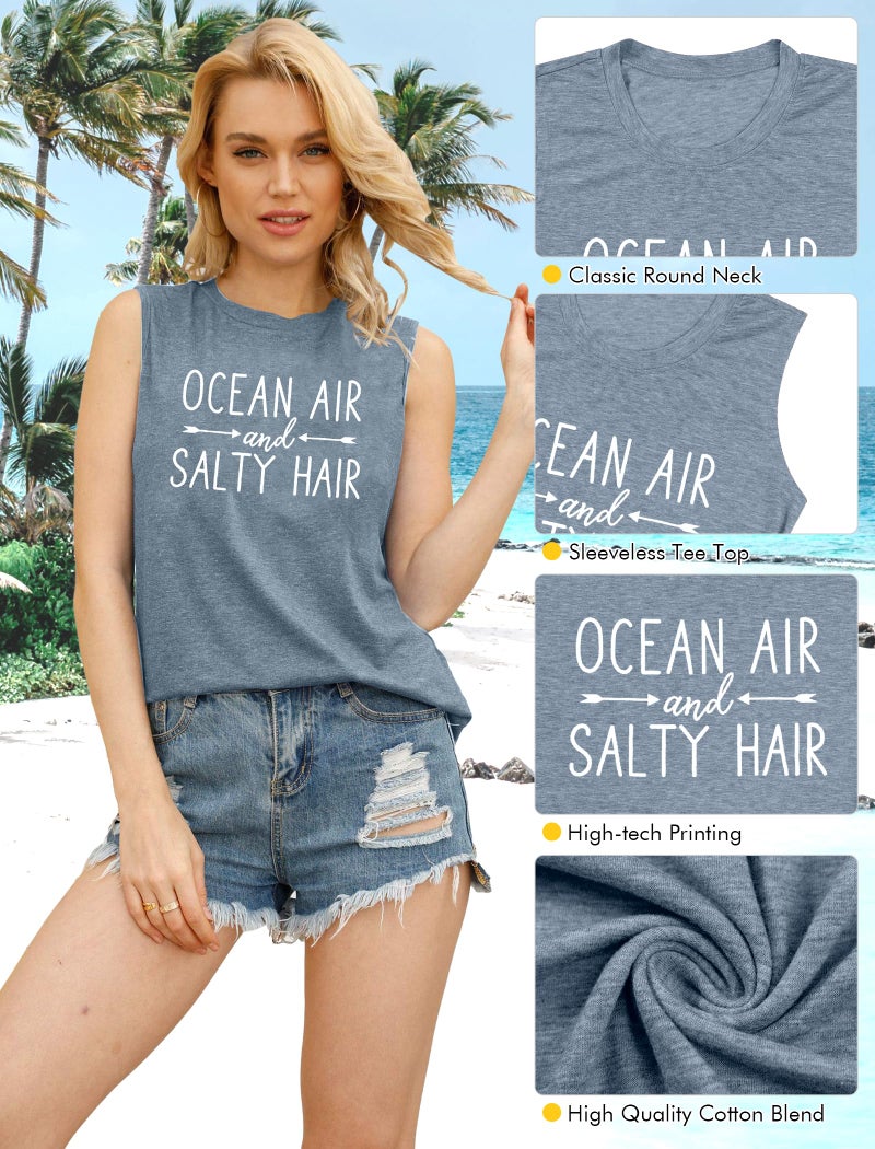 BANGELY Beach Tanks Women Beach Shirts Ocean Air and Salty Hair Tank Funny Cruise Summer Sleeveless Family Vacation Vest Top - Image 5