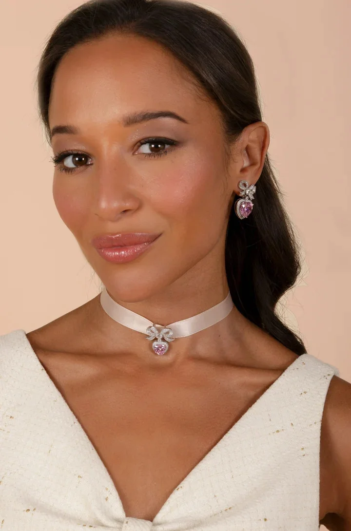 Princess' Bow and Crystal Heart Silver Pendant