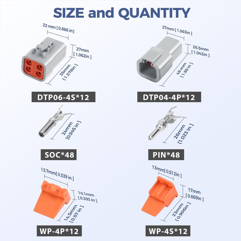 Deutusacc 144 PCS Deutsch DTP Connector Kit 4 Pin Automotive Waterproof Connectors 12 sets with Size 12 Stamped Contacts Gauge 14-12 AWG Wire Size,25A - Image 2