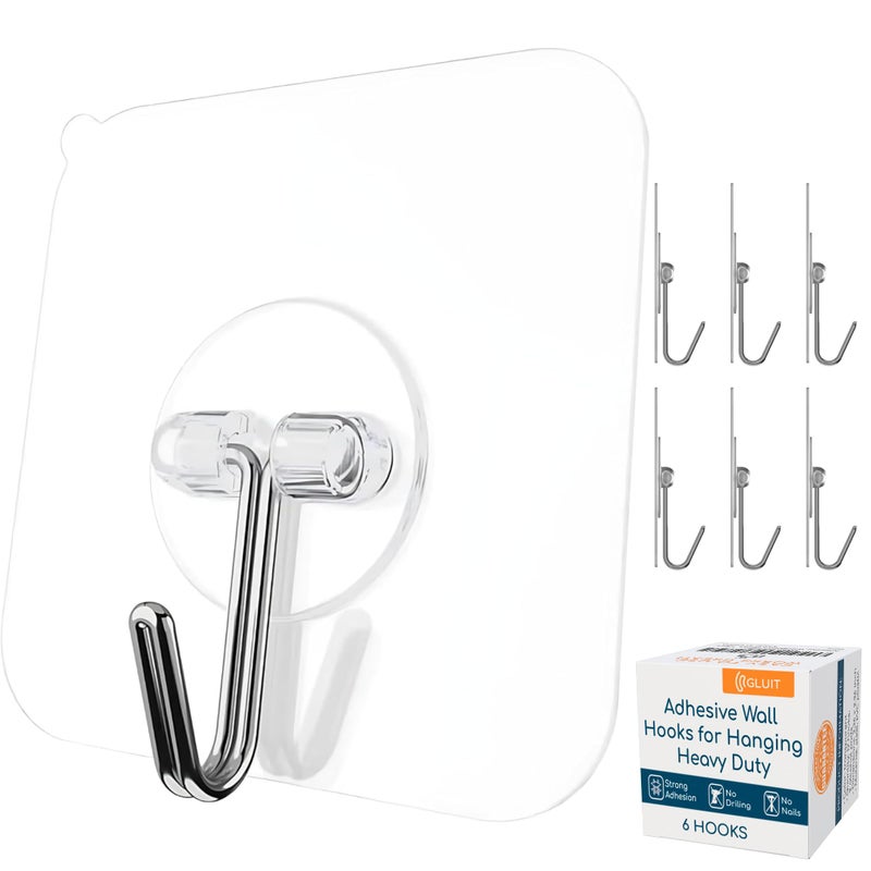 GLUIT Adhesive Wall Hooks for Hanging Heavy Duty 22 lbs Hooks for Walls No Damage Towel Sticky Clear Hook Waterproof Home Bathroom Kitchen Office and Outdoor 6 Pack