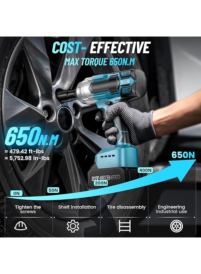 WEMART Cordless Impact Wrench 1/2 Inch Max Torque 479 Ft-Lbs(650Nm), 3300Rpm With 2X 4.0 Battery, 6 Sockets, 8 Drill, 6 Screws, High Torque Power For Car Home - Image 2
