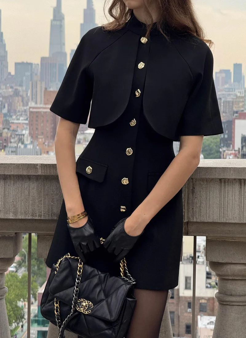 Lichi Mini dress with stand-up collar and cape imitation