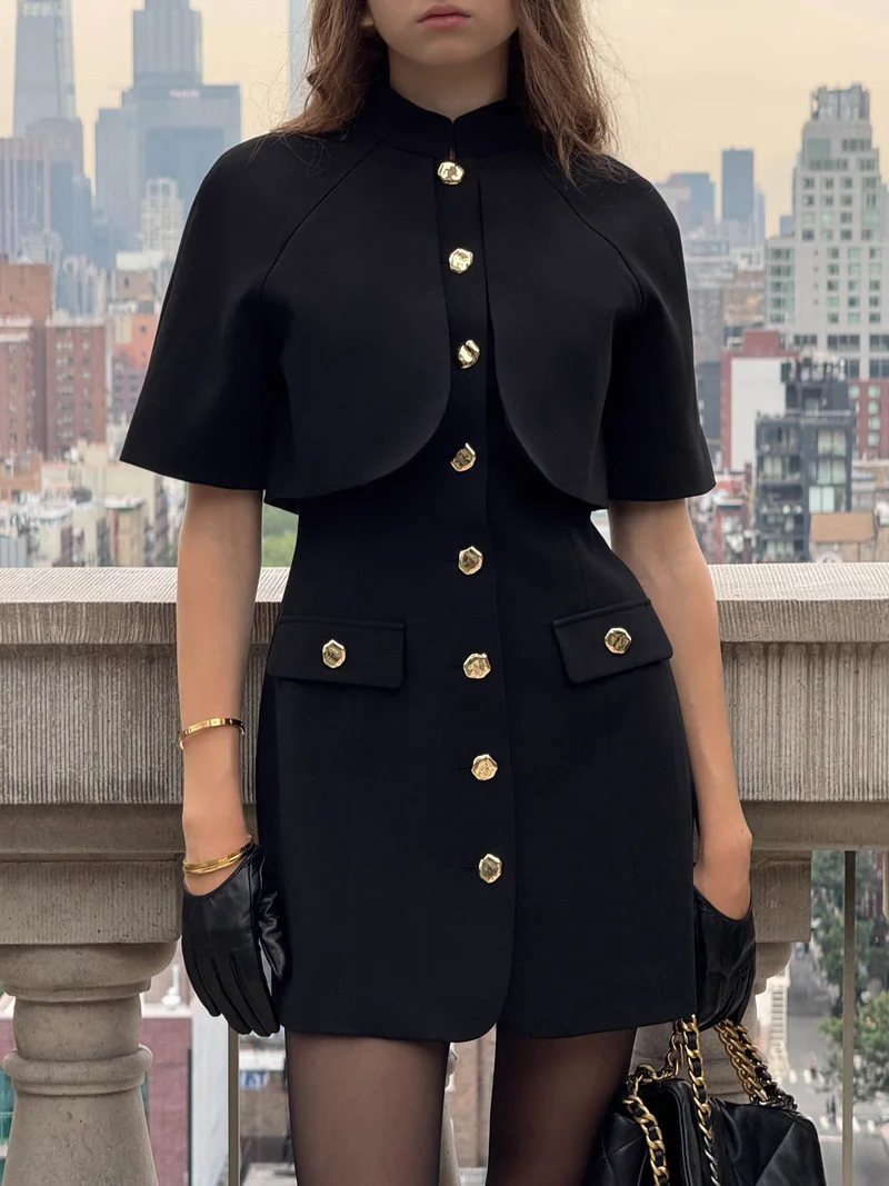 Lichi Mini dress with stand-up collar and cape imitation