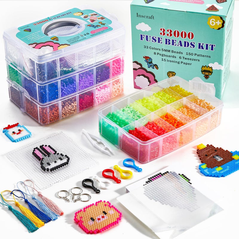 INSCRAFT Fuse Beads, 33000pcs Fuse Beads Kit for Kids, 33 Color 5MM Iron Beads Set with 150 Patterns, 8 Pegboards, 15 Ironing Paper, 6 Tweezers, 85 accessories, Craft Kits Gifts for Birthday Christmas - Image 1
