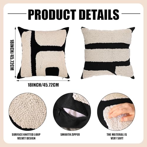 Oudain 2 Pcs Black and White Tufted Pillow Covers Boho Chunky Geometric Decorative Throw Pillow Case 18 x 18 Inches Abstract Pillowcases for Bed CouchWhite Black Classic Style - Image 3