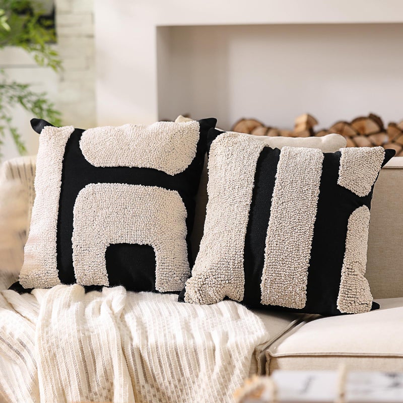 Oudain 2 Pcs Black and White Tufted Pillow Covers Boho Chunky Geometric Decorative Throw Pillow Case 18 x 18 Inches Abstract Pillowcases for Bed CouchWhite Black Classic Style - Image 2