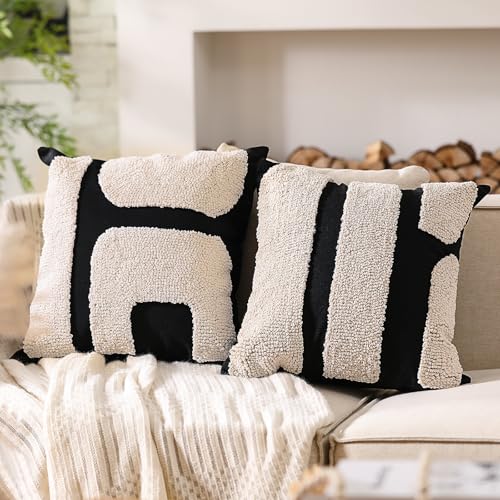 Oudain 2 Pcs Black and White Tufted Pillow Covers Boho Chunky Geometric Decorative Throw Pillow Case 18 x 18 Inches Abstract Pillowcases for Bed CouchWhite Black Classic Style - Image 1