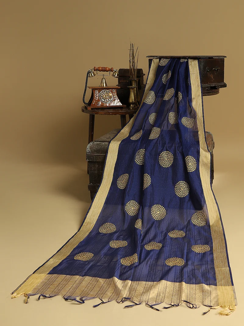 Globus Women Blue Zari Embroidered Silk Tasselled Border Festive Dupatta