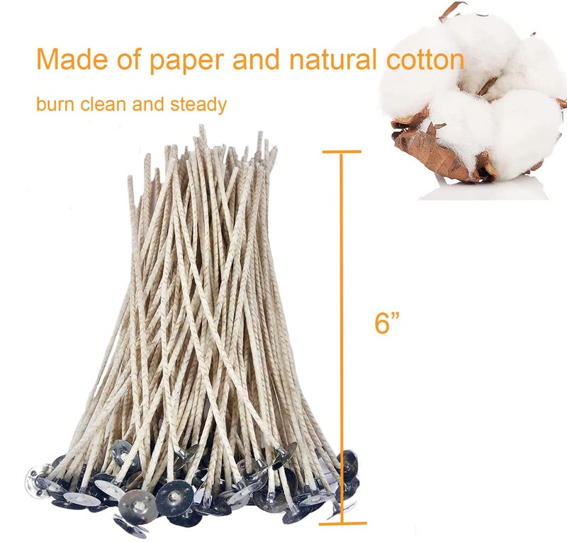 Phinicco 100 pcs 6" ECO Candle Wicks for Candle Making Coated with Natural Soy Wax, Low Smoke Cotton Threads Woven with Paper with 20 pcs Candles Wicks Stickers & Wicks Centering Device - Image 2