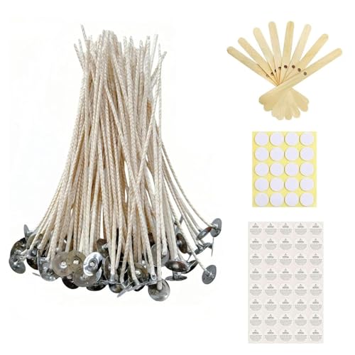 Phinicco 100 pcs 6" ECO Candle Wicks for Candle Making Coated with Natural Soy Wax, Low Smoke Cotton Threads Woven with Paper with 20 pcs Candles Wicks Stickers & Wicks Centering Device - Image 1
