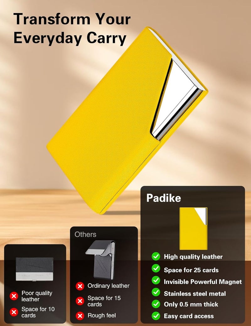 Padike Business Card Holder, Upgraded Leather Business Card Case Pocket Card Holders for Men or Women, Metal Slim Name Card Holder RFID Blocking Business Card Carrier with Magnetic Closure (Y-YE) - Image 2