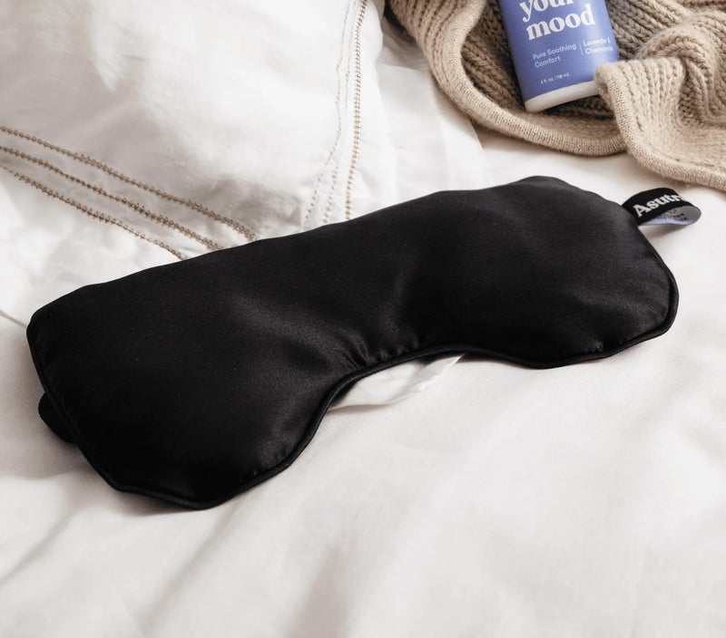 Asutra وسادة عين من أستورا من الحرير للنوم، سوداء - مملوءة برؤوس اللافندر وبذور الكتان، قناع عين مثقل، للتأمل وحجب الضوء، مع قناع جل مهدئ - Image 4