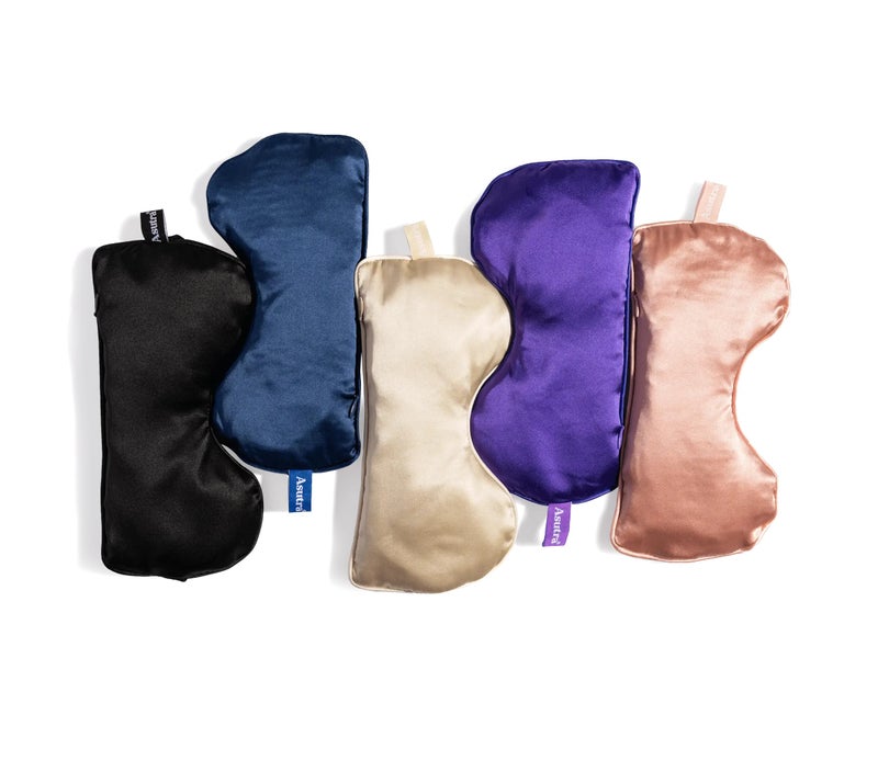 Asutra وسادة عين من أستورا من الحرير للنوم، سوداء - مملوءة برؤوس اللافندر وبذور الكتان، قناع عين مثقل، للتأمل وحجب الضوء، مع قناع جل مهدئ - Image 5