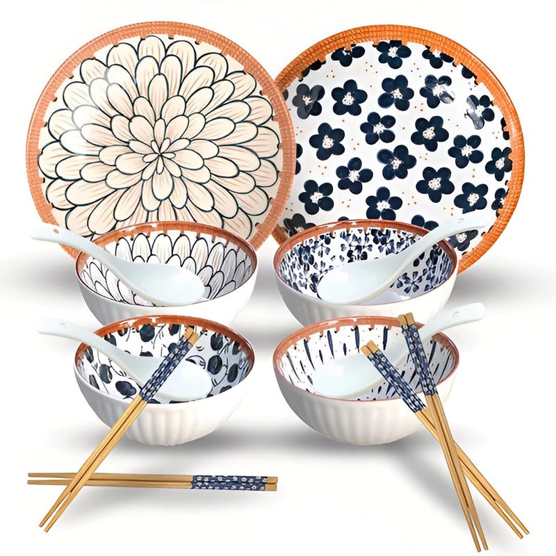 JENINA'S JENINA’S 14 Pieces Ceramic Bowls and Plates Set, with Chopstick and Spoon, Quality Porcelain, Dishwasher Safe, Japanese Style Dinnerware Set with Gift Box Packed - Image 2