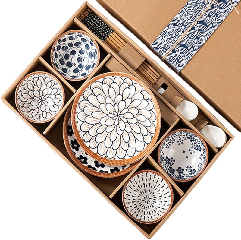 JENINA'S JENINA’S 14 Pieces Ceramic Bowls and Plates Set, with Chopstick and Spoon, Quality Porcelain, Dishwasher Safe, Japanese Style Dinnerware Set with Gift Box Packed - Image 1