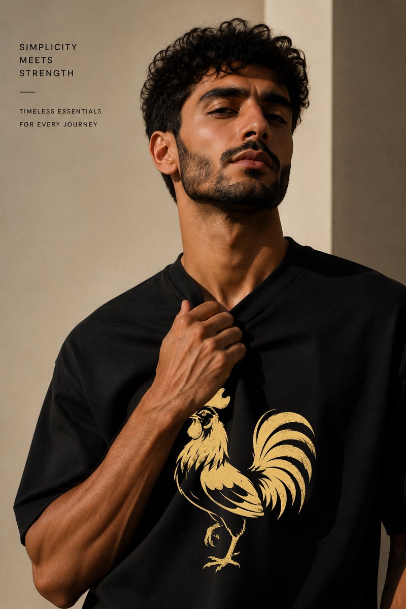 Men's Black Oversized Rooster Graphic T-Shirt Casual Short Sleeve Crew Neck Streetwear Tee - Image 5