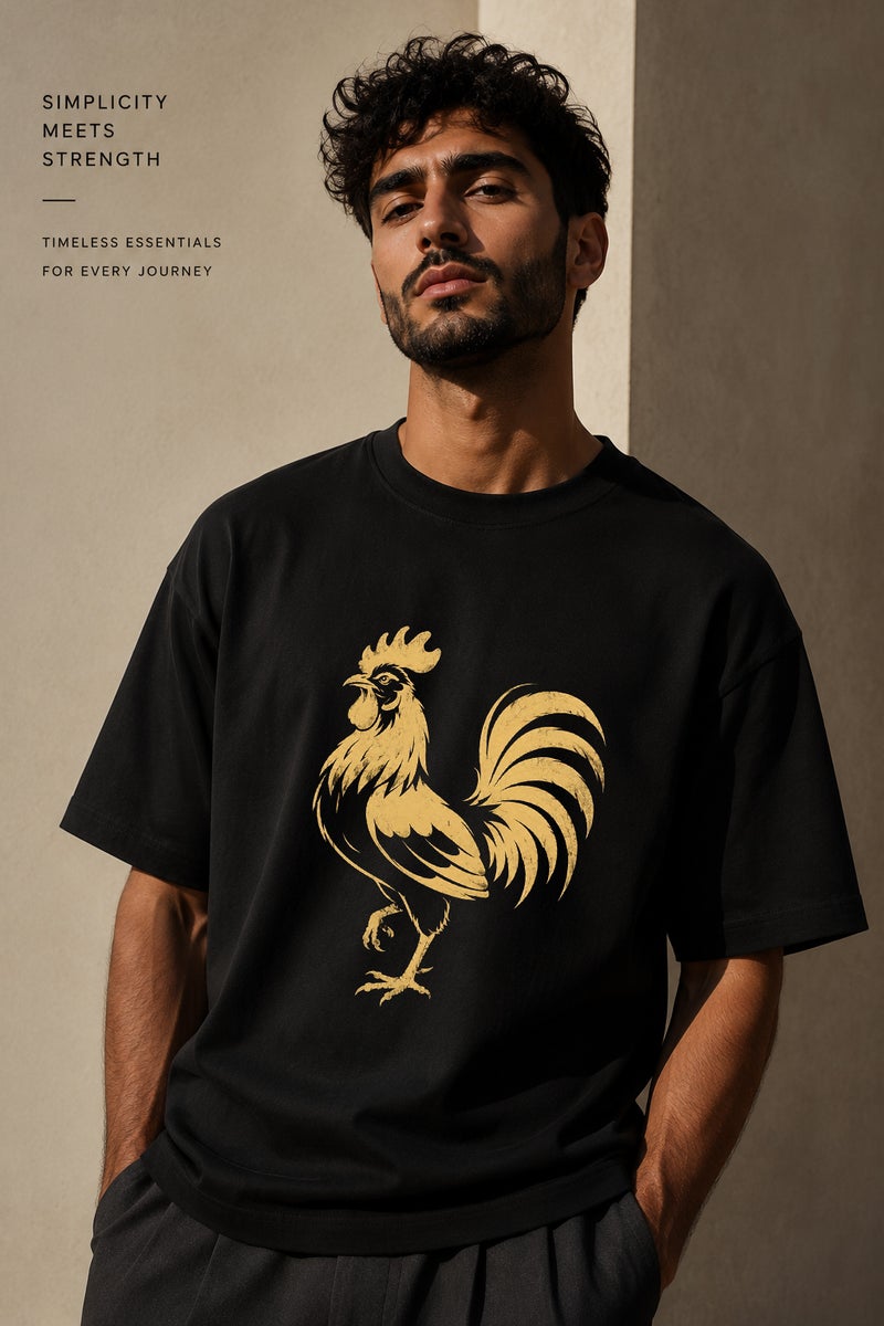 Men's Black Oversized Rooster Graphic T-Shirt Casual Short Sleeve Crew Neck Streetwear Tee - Image 1