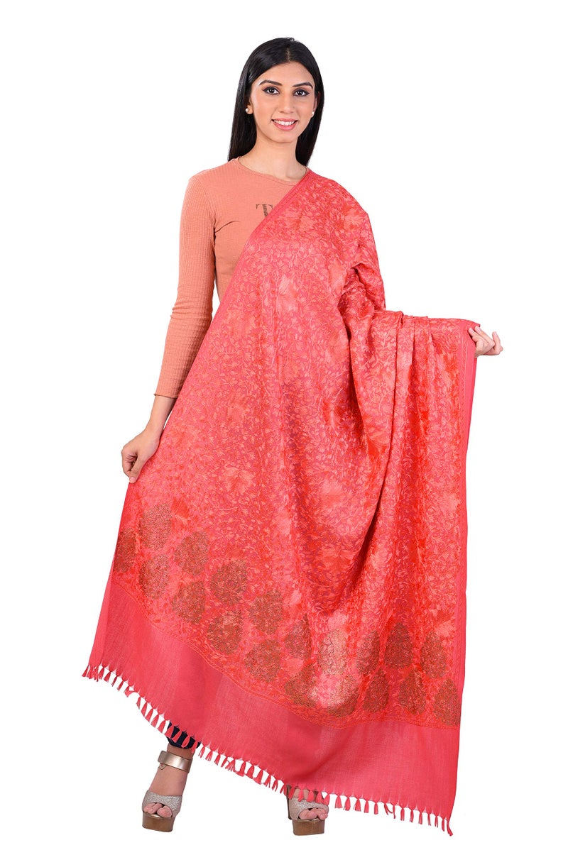 Pashmoda- Women's 100 % Pure Wool Swarosvki Crystal Shawl with Heavy Aari Embroidery Shawl, Luxury Paisley Design Shawls, Stoles, Wraps (Pink) - Image 1