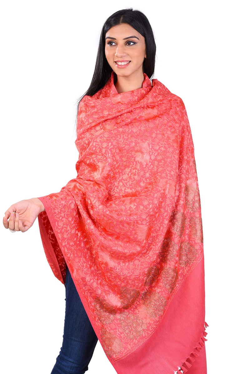 Pashmoda- Women's 100 % Pure Wool Swarosvki Crystal Shawl with Heavy Aari Embroidery Shawl, Luxury Paisley Design Shawls, Stoles, Wraps (Pink) - Image 4