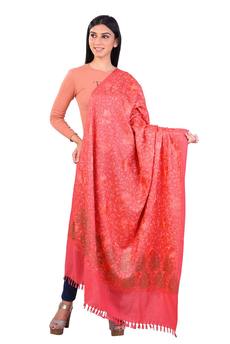 Pashmoda- Women's 100 % Pure Wool Swarosvki Crystal Shawl with Heavy Aari Embroidery Shawl, Luxury Paisley Design Shawls, Stoles, Wraps (Pink) - Image 5