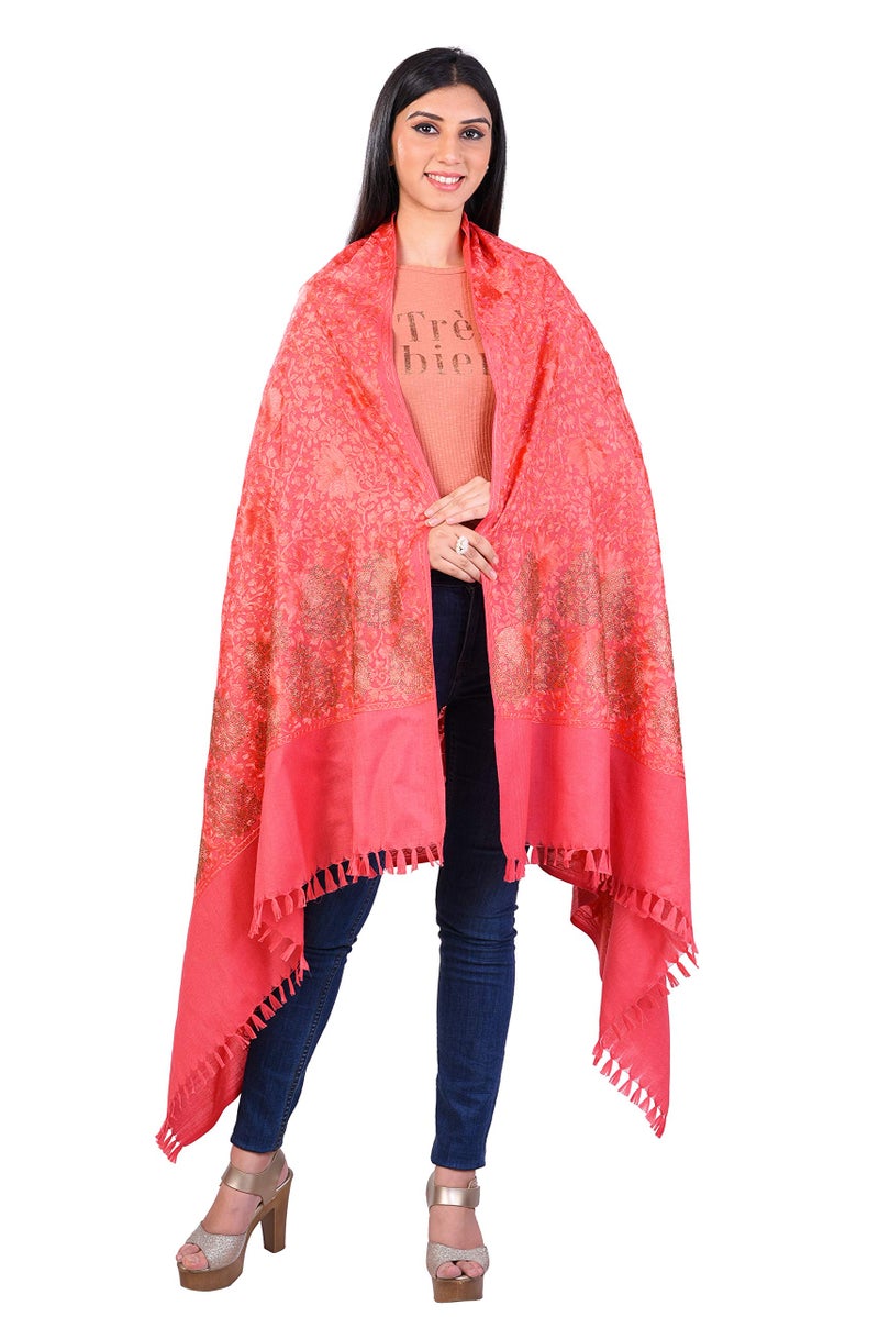 Pashmoda- Women's 100 % Pure Wool Swarosvki Crystal Shawl with Heavy Aari Embroidery Shawl, Luxury Paisley Design Shawls, Stoles, Wraps (Pink) - Image 2